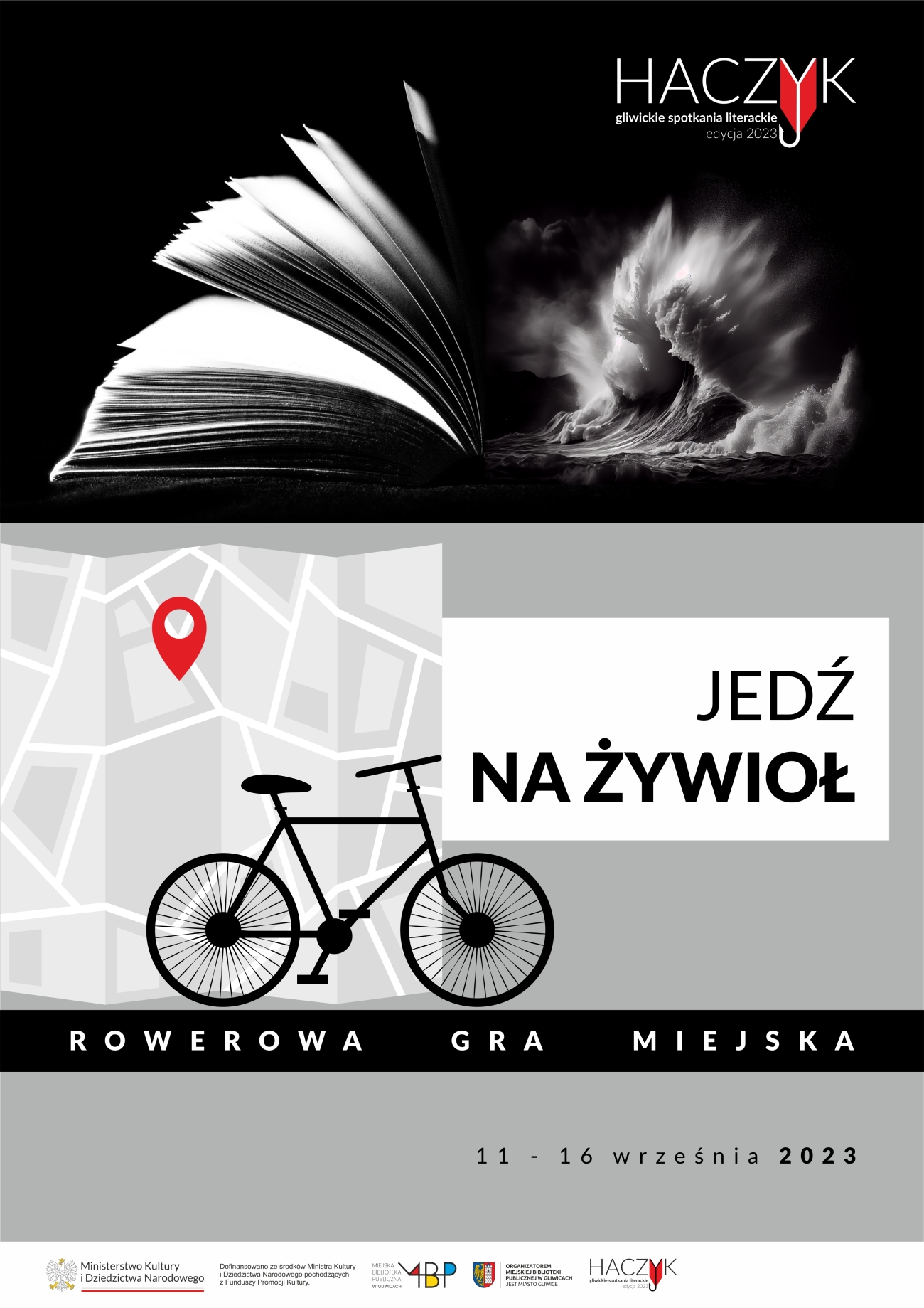 Plakat promujący miejską grę rowerową "Jedź na żywioł"