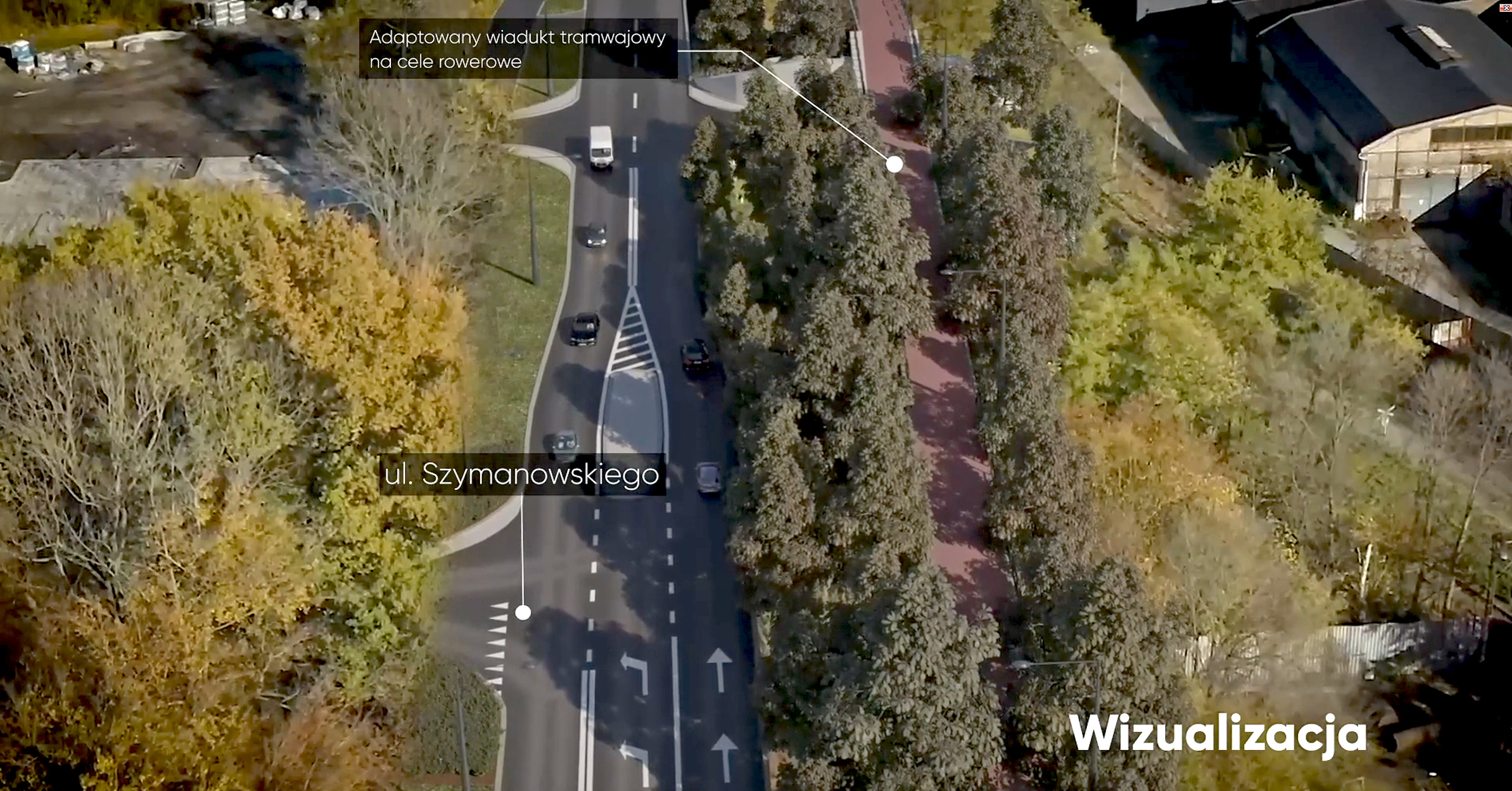 widok na ulicę Chorzowską z lotu ptaka z proponowanymi zmianami w szerokości jezdni i ścieżkami rowerowymi