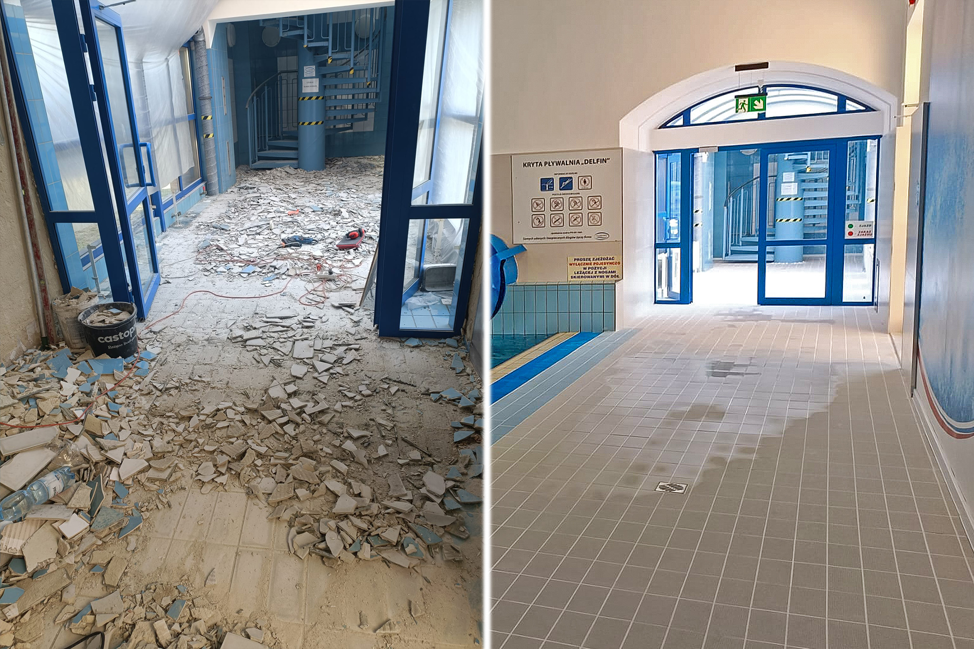 Korytarz pływalni Delfin przed i po remoncie