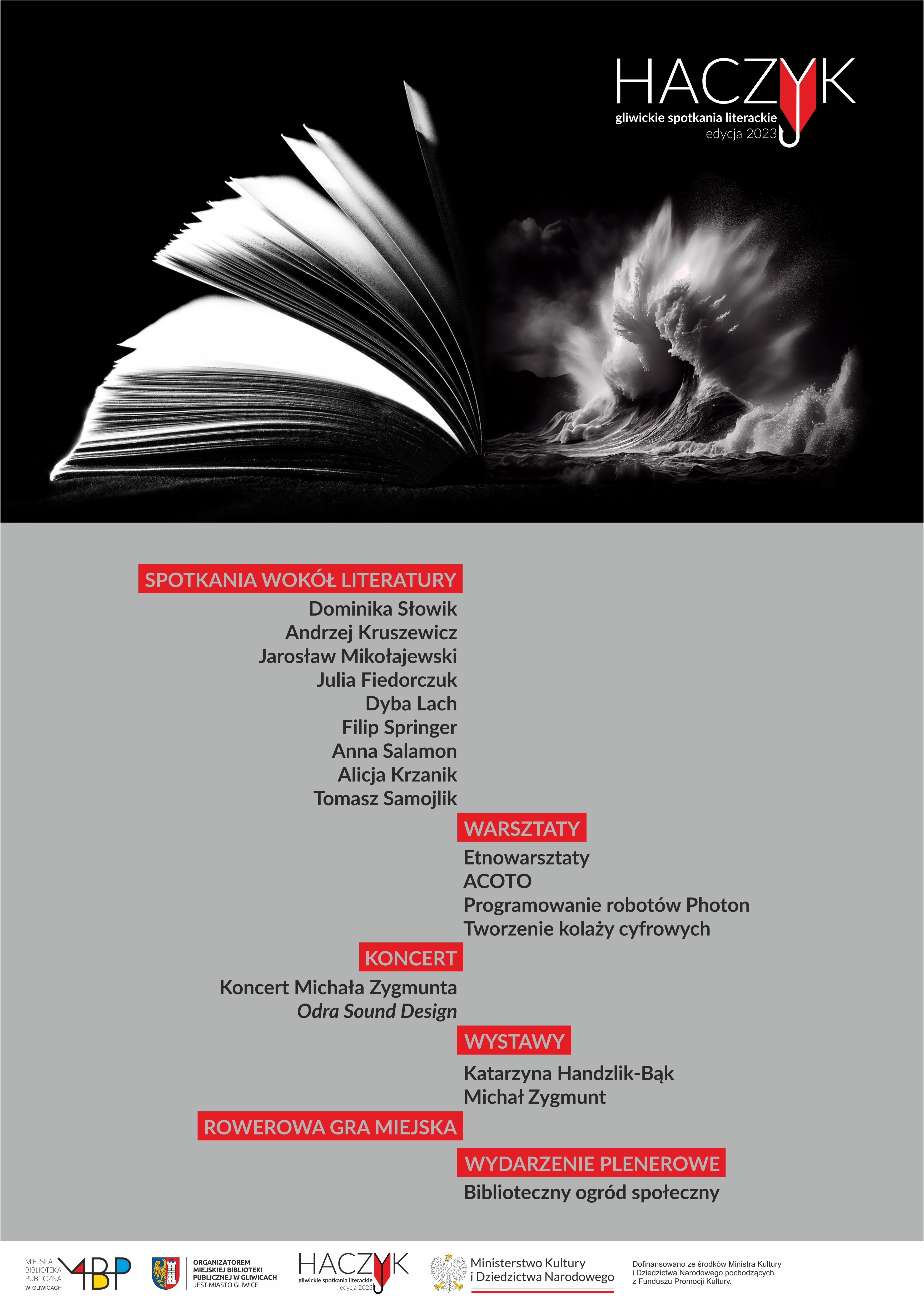 Plakat promujący festiwal "Haczyk - gliwickie spotkania literackie"