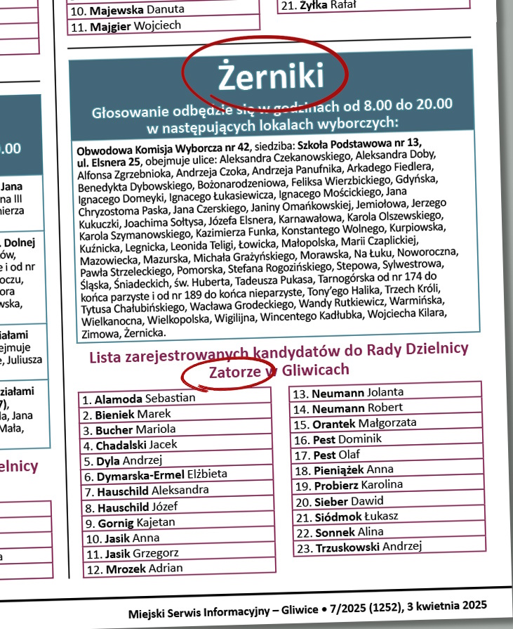 Fragment "Miejskiego Serwisu Informacyjnego - Gliwice" z 3.02.2025 Grafika z fragmentem gazety z zaznaczonym błędem
