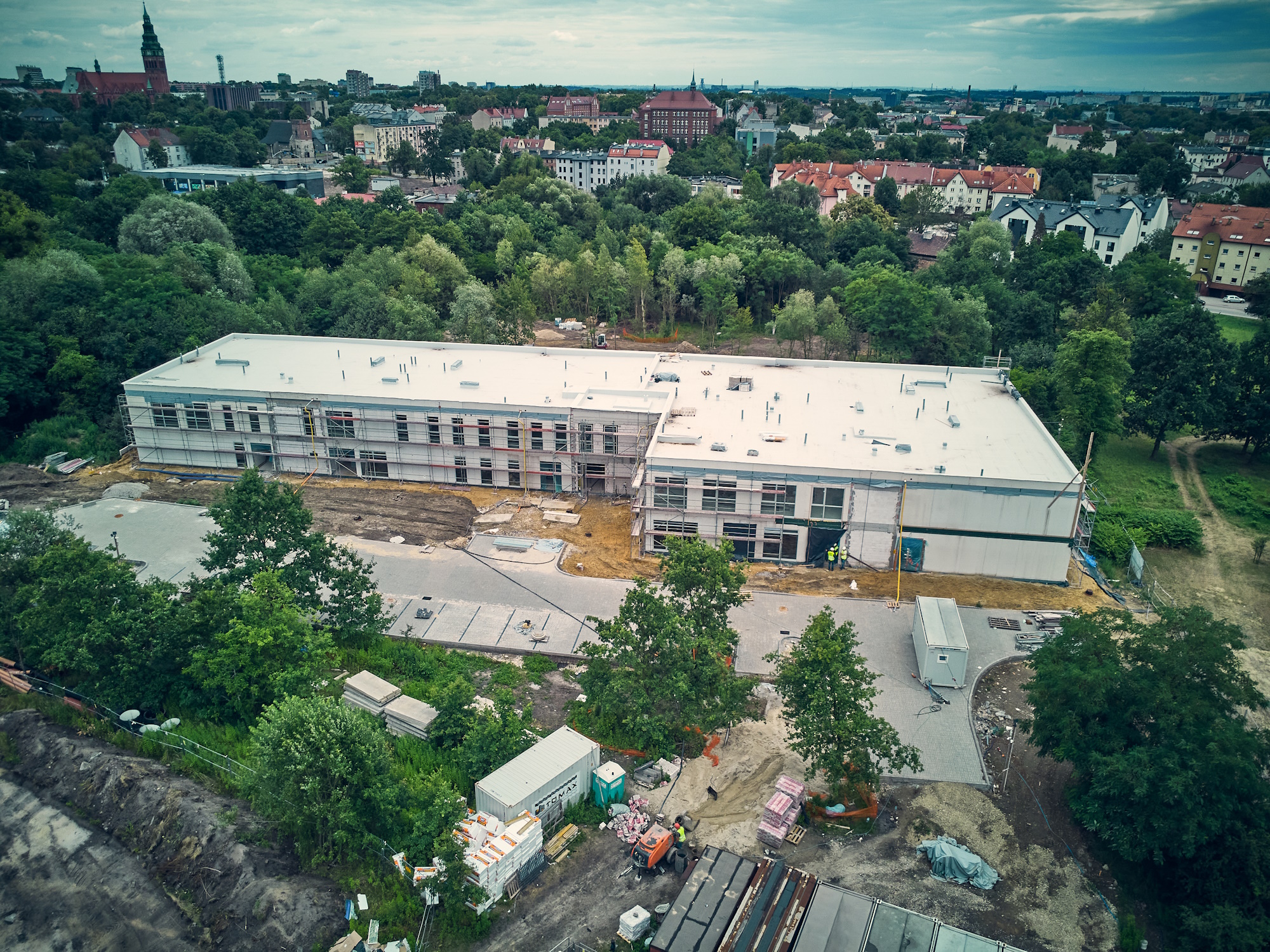 droga, drzewa, budynki