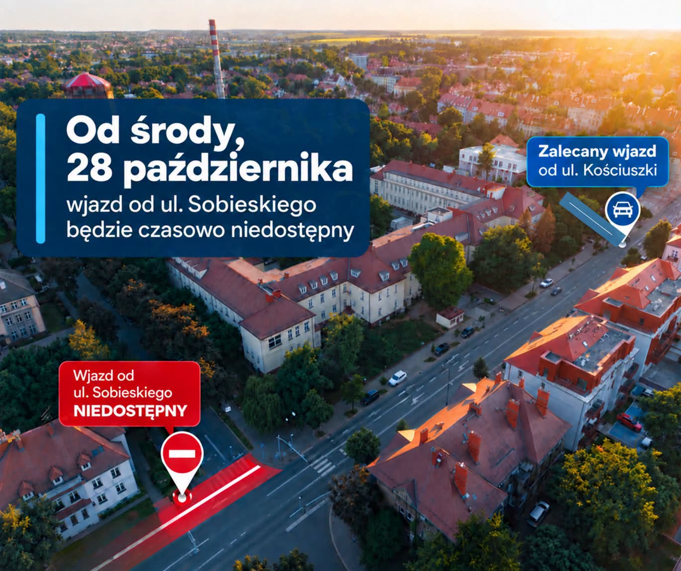 Od środy, 28 października, wjazd na teren Szpitala Miejskiego przy ul. Kościuszki 29 od strony ul. Sobieskiego będzie czasowo niedostępny.