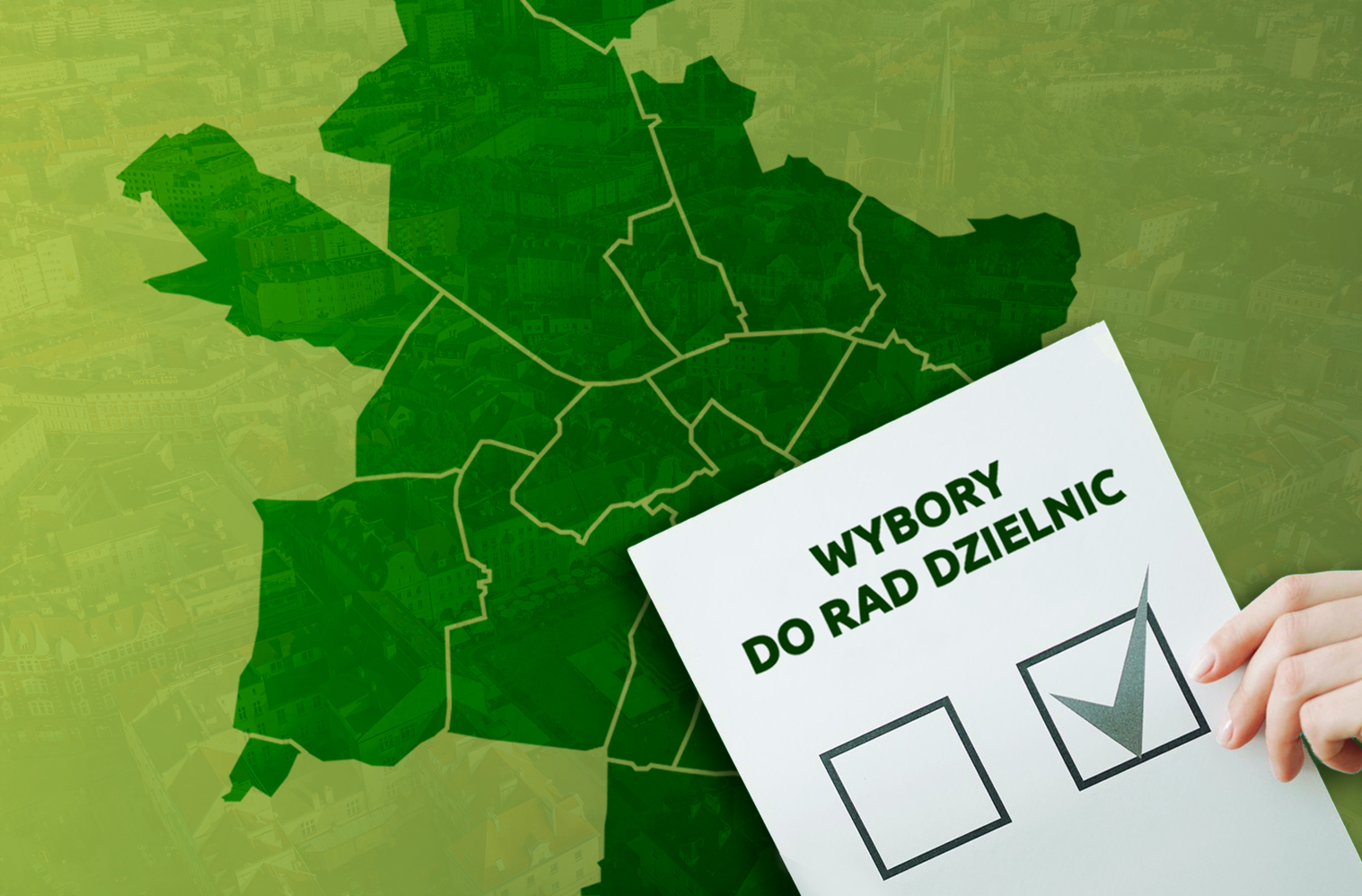 Grafika z mapką Gliwic i napisem wybory do rad dzielnic