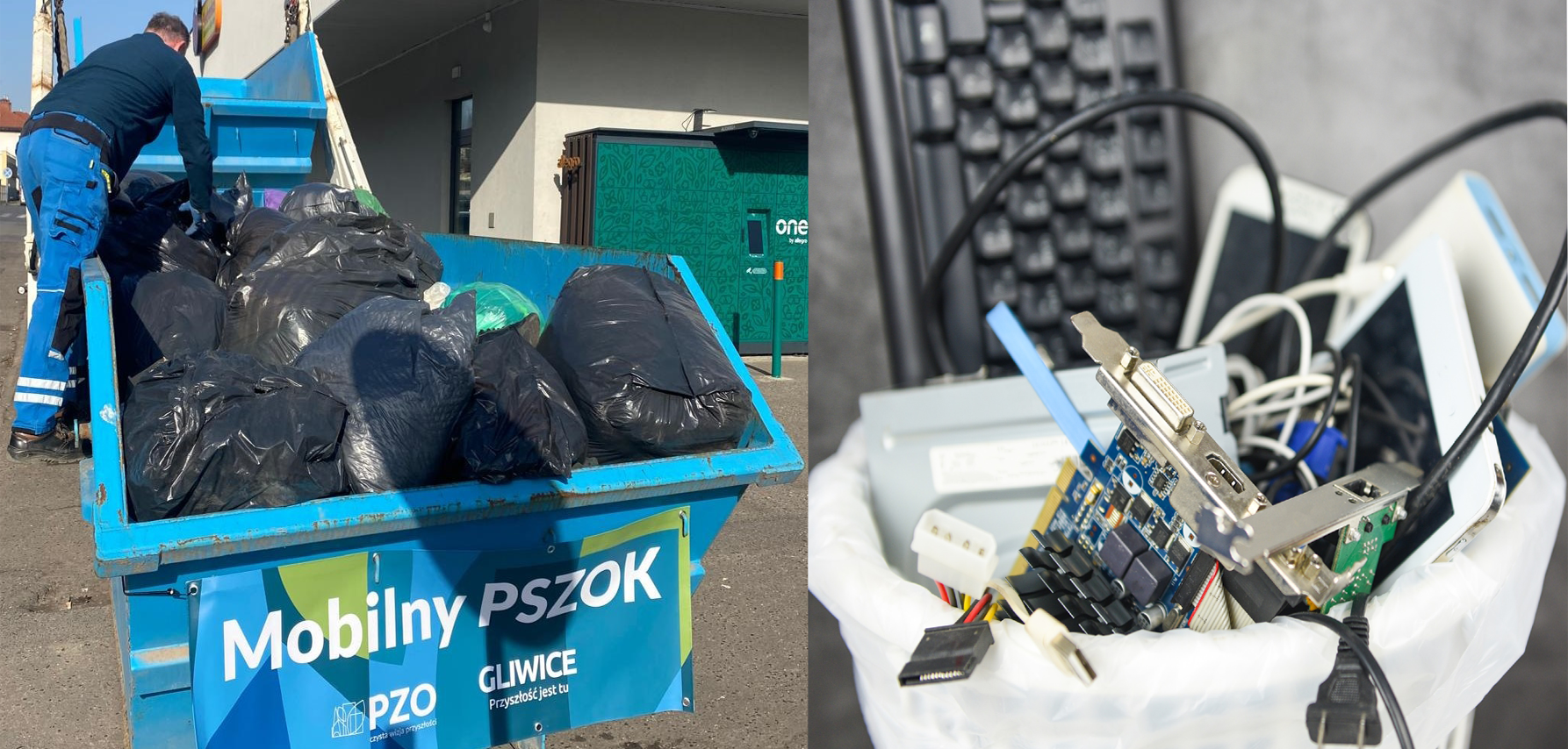 Kontener z odpadami tekstylnymi i kosz z elektroodpadami