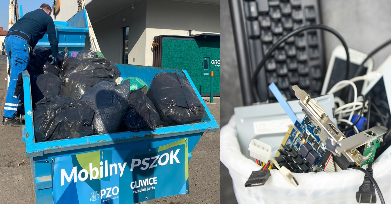 Zdjęcie kontenera z workami odpadów tekstylnych i elektrośmieci w koszyku