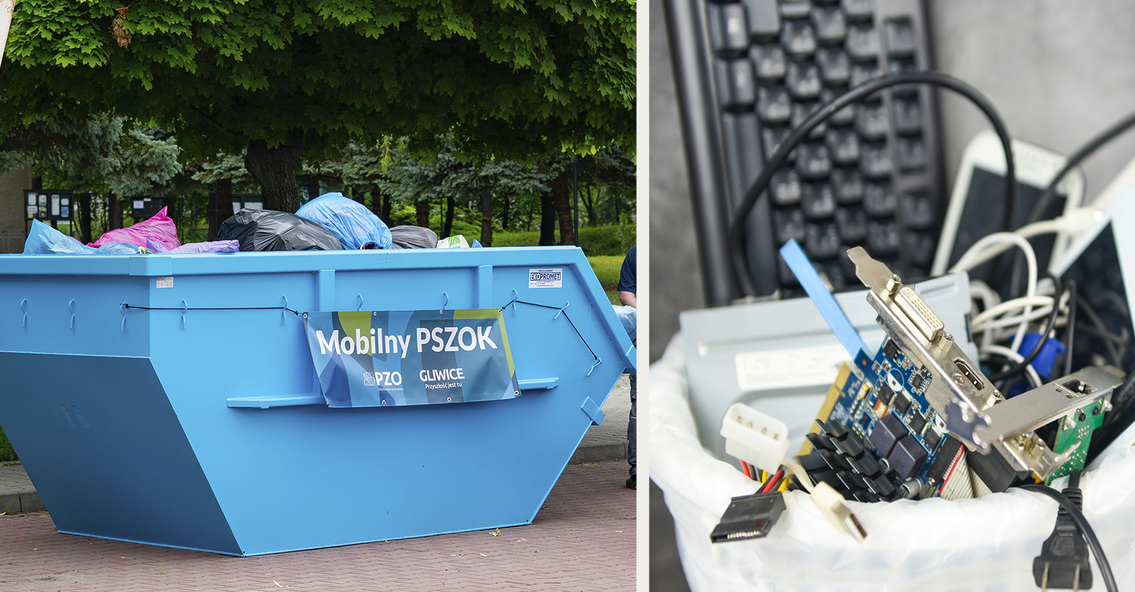 Zdjęcie kontenera z workami tekstyliów i kosza z elektroodpadami