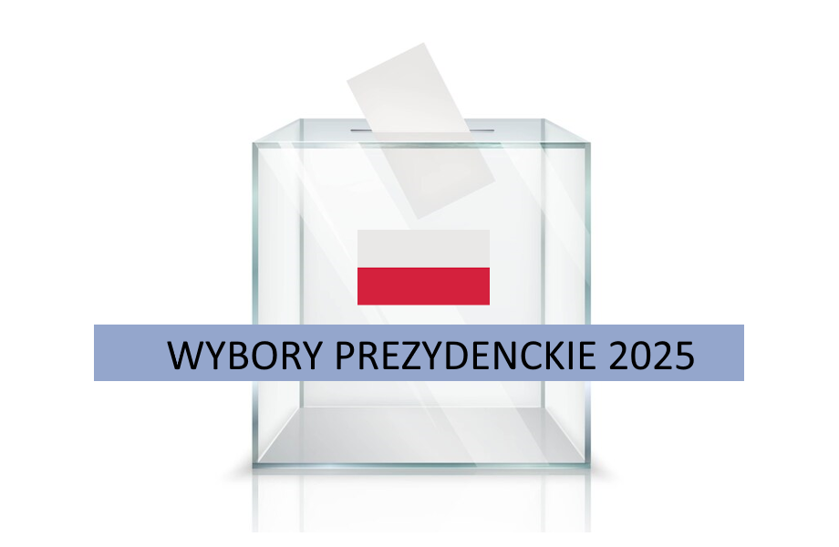 Przezroczysta urna wyborcza, do której wpada karta. Na urnie flaga Polski. Na tle urny pasek z napisem: Wybory prezydenckie 2025