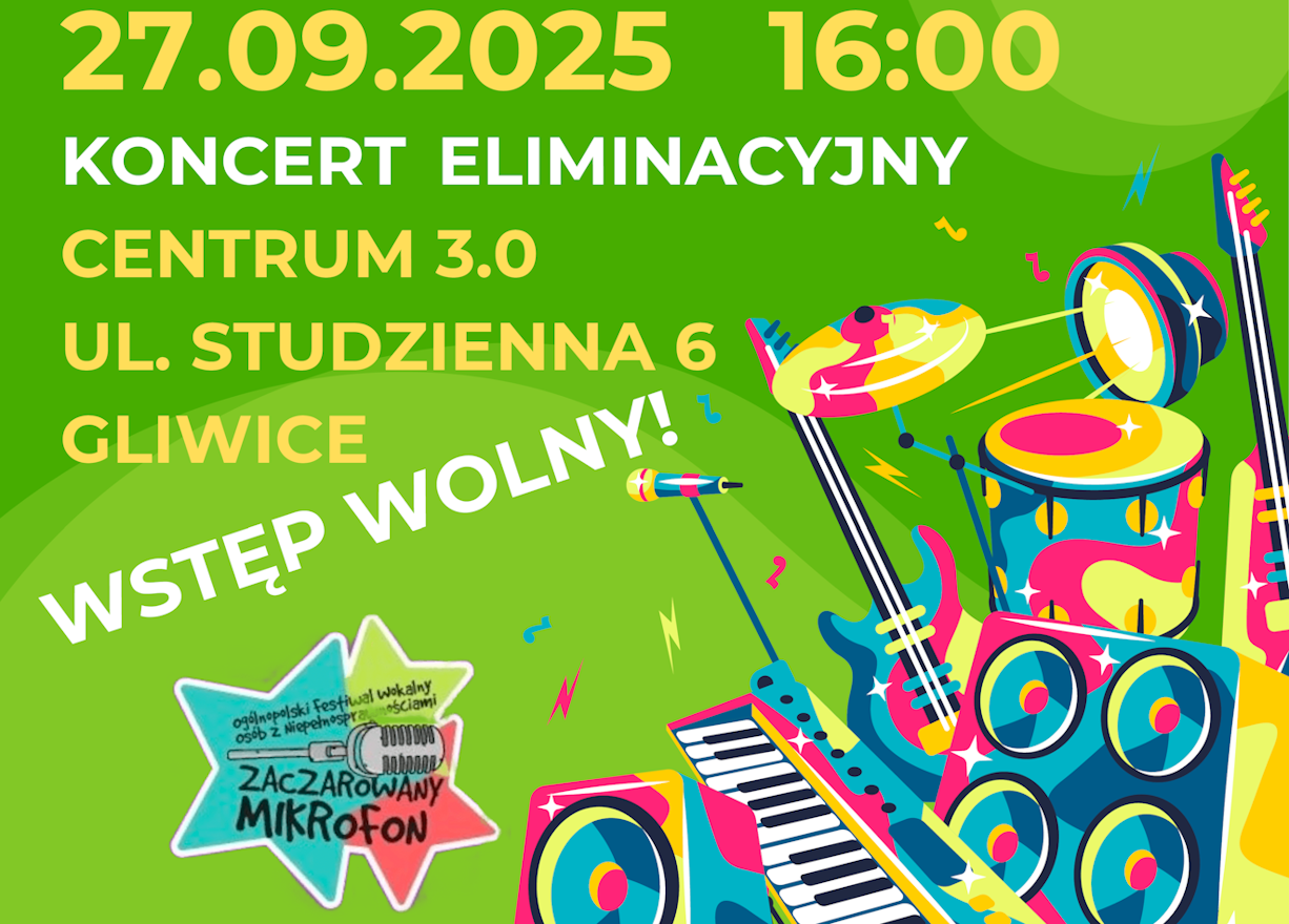 Kolorowy zestaw perkusyjny na zielonym tle i napis: 27.09.2025, 16:00, koncert eliminacyjny, Centrum 3.0 ul. Studzienna 6 Gliwice, wstęp wolny