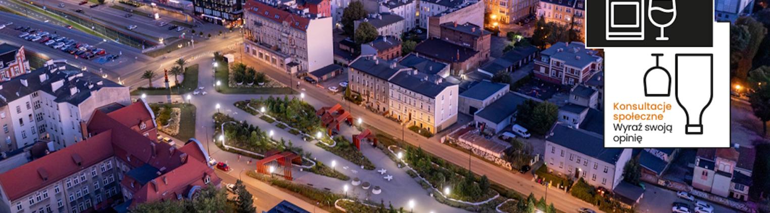 Gliwice nocą, ujęcie z lotu ptaka plus grafika z kieliszkiem