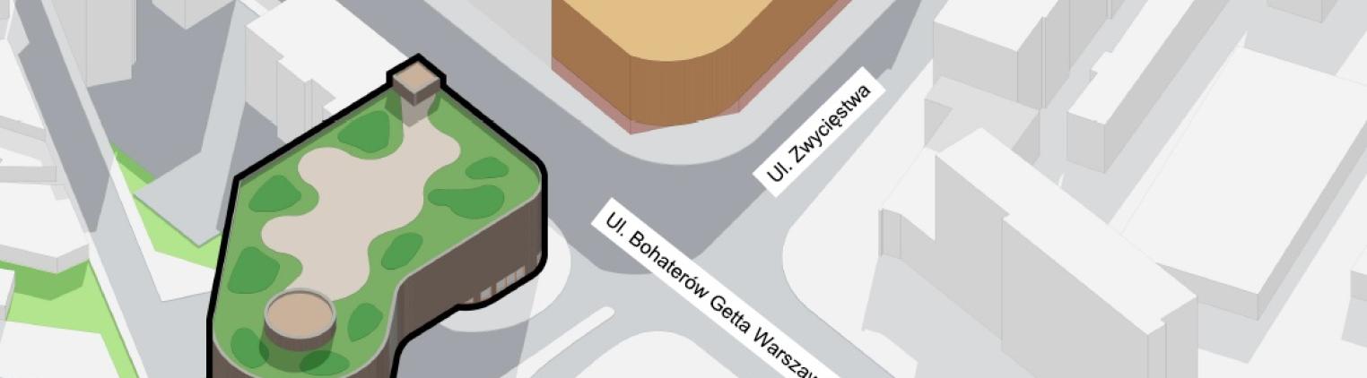 Ilustracja pokazująca parking i narożnik przy ul. Bohaterów Getta Warszawskiego